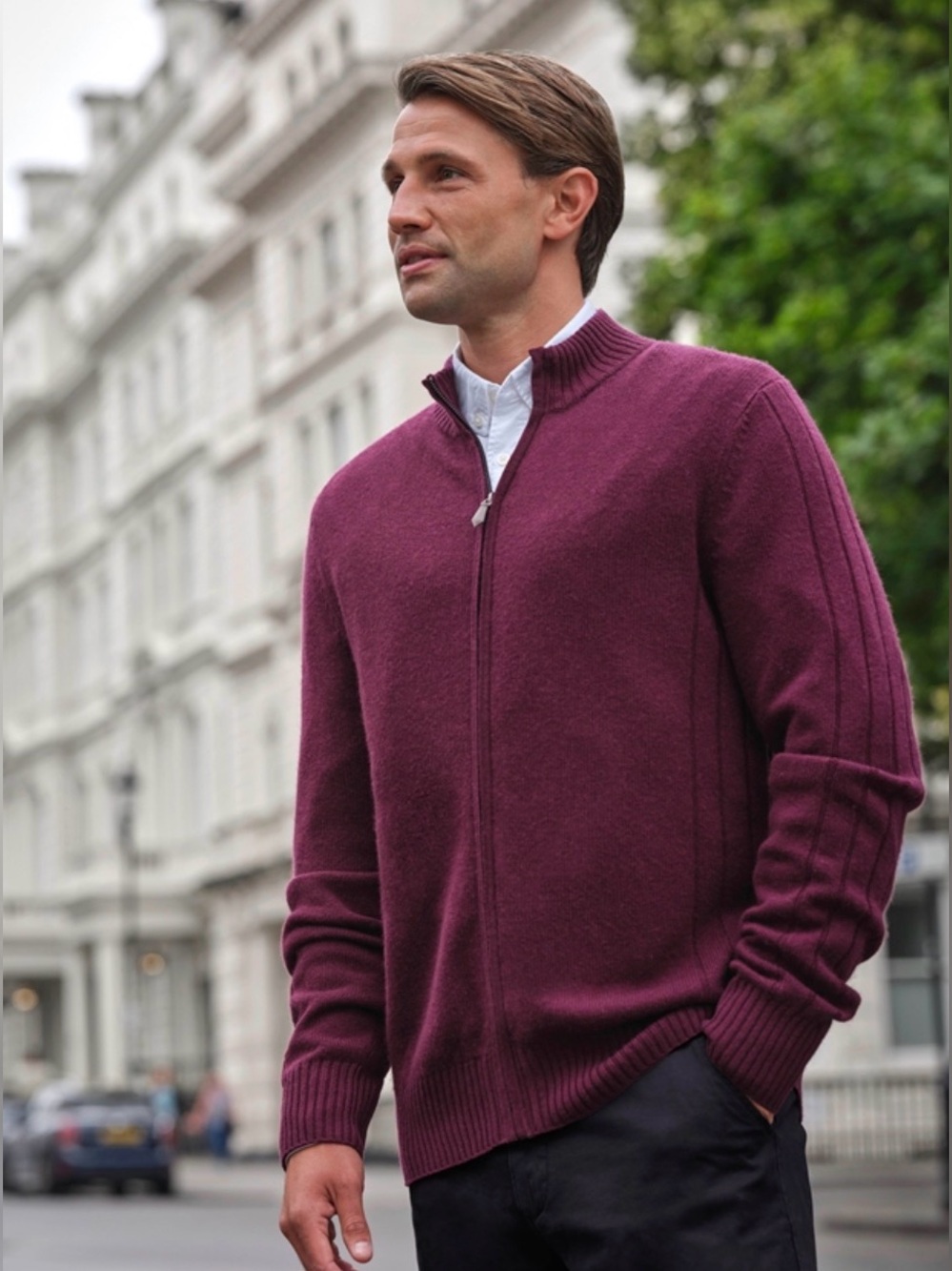 Pure Collection Cardigan Sweater Mens Medium Maroon Wool Cashmere Full Zip NWT
